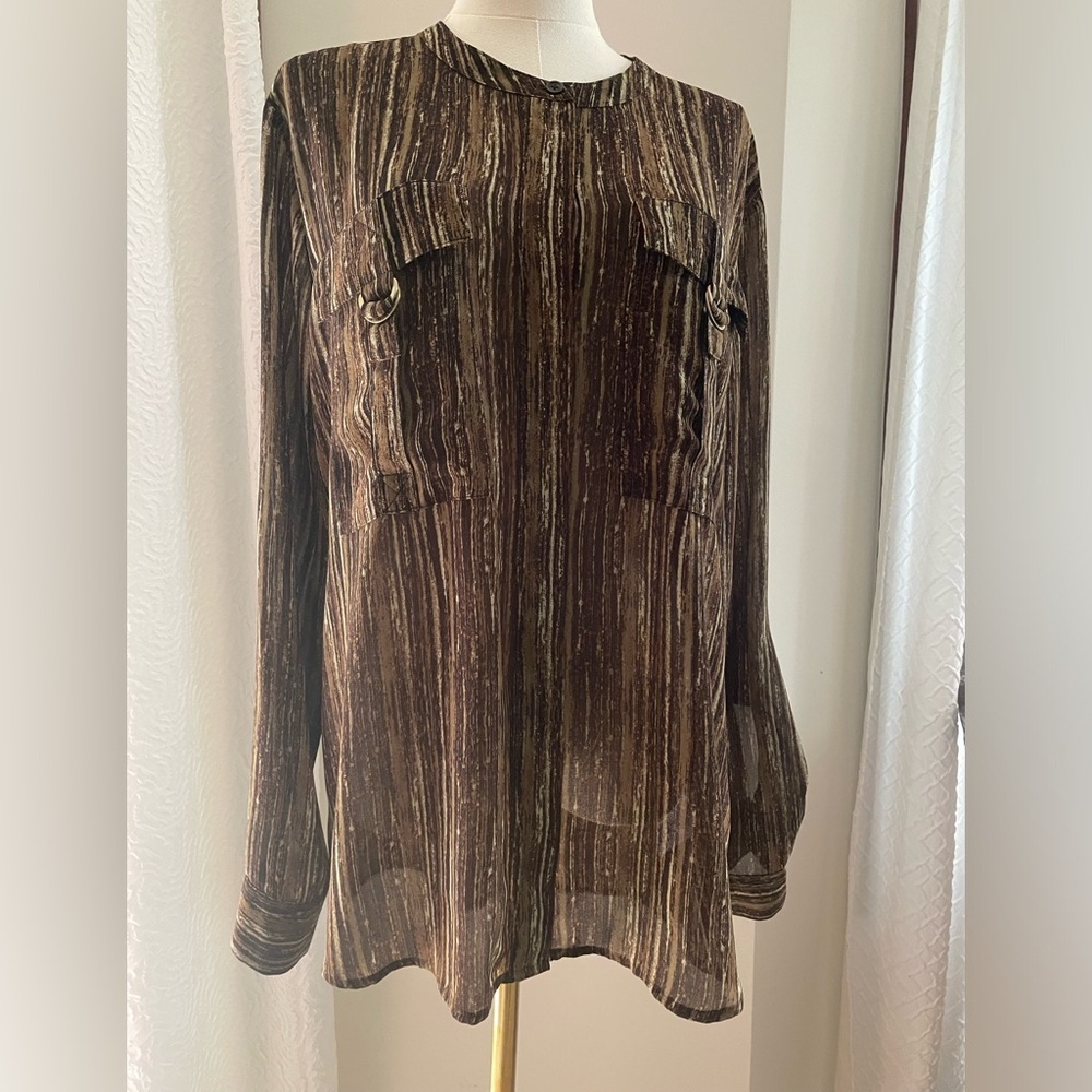 Michael Kors Brown Striped Blouse Logo Buttons Gorgeous Fall 14 EUC